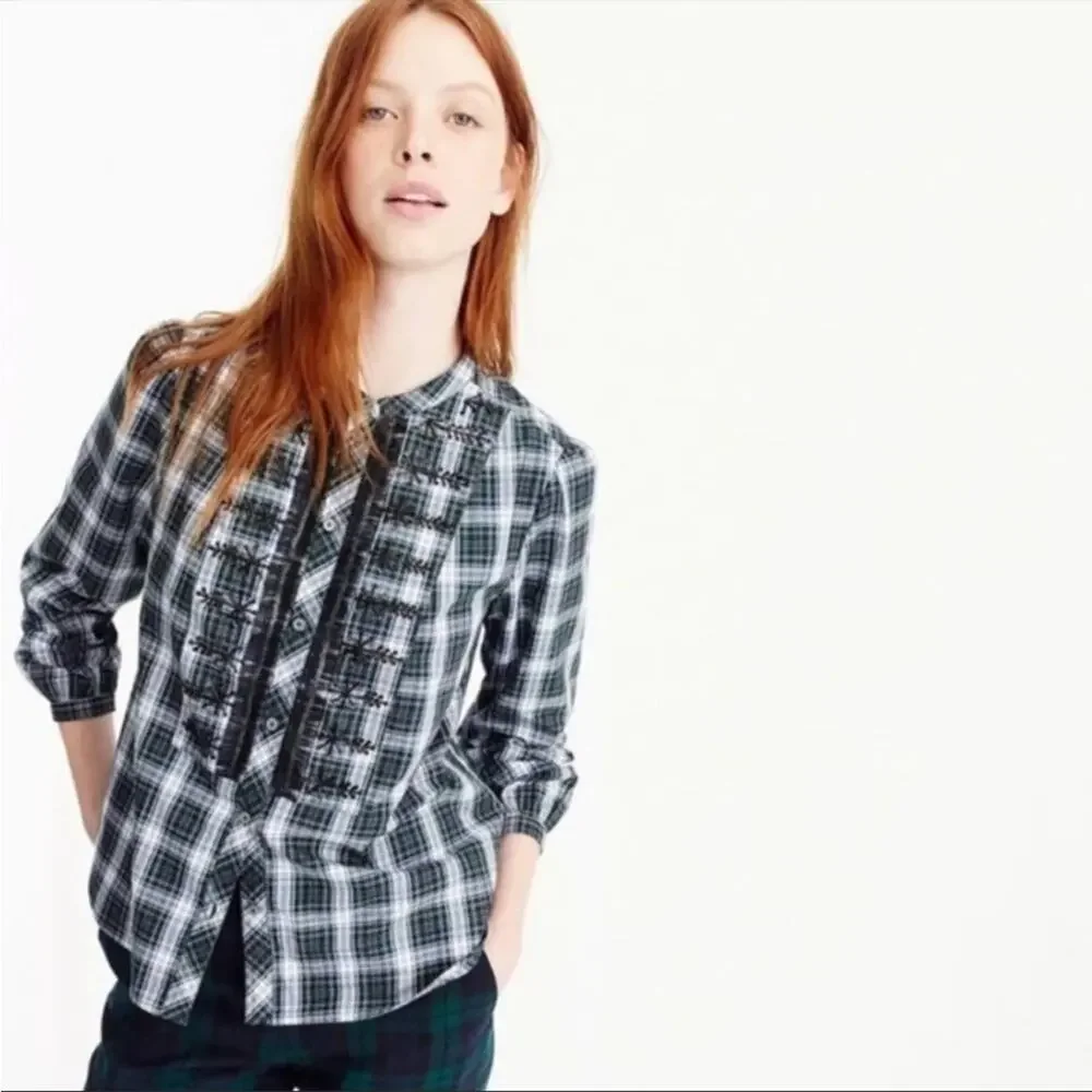 J. Crew Beaded Embellished Forest Green Tartan Plaid Shirt M